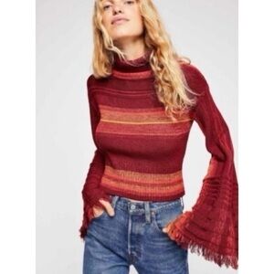 Free People Close To Me Pullover Sweater Size S, Red Berry Stripe Turtleneck